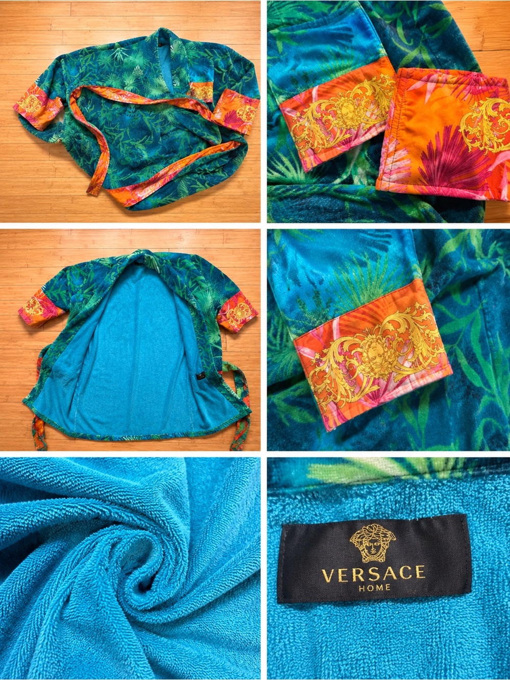 Versace Turquoise & Orange Baroque-Trim Terry Robe Top